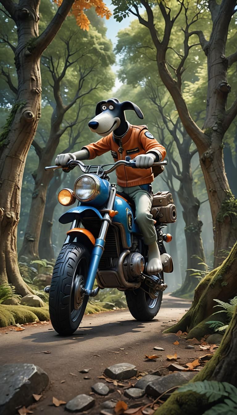 Gromit Rides a Futuristic Motorbike Through Forest