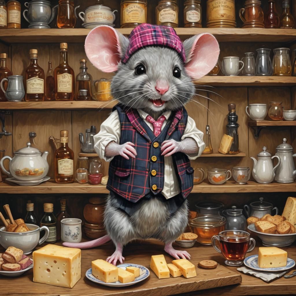 Mouse in Tartan Waistcoat with Whisky and Cheese
