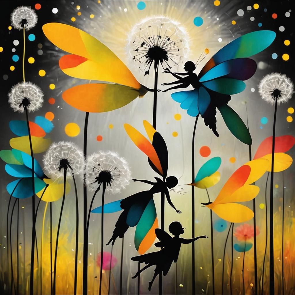 Winged Fairies in Dandelion Dreamscape, Surreal Digital Art