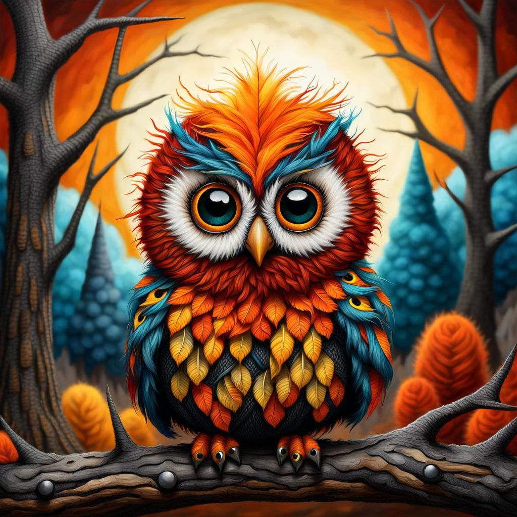 Surreal Googly-Eyed Owl in Gothic-Punk Style