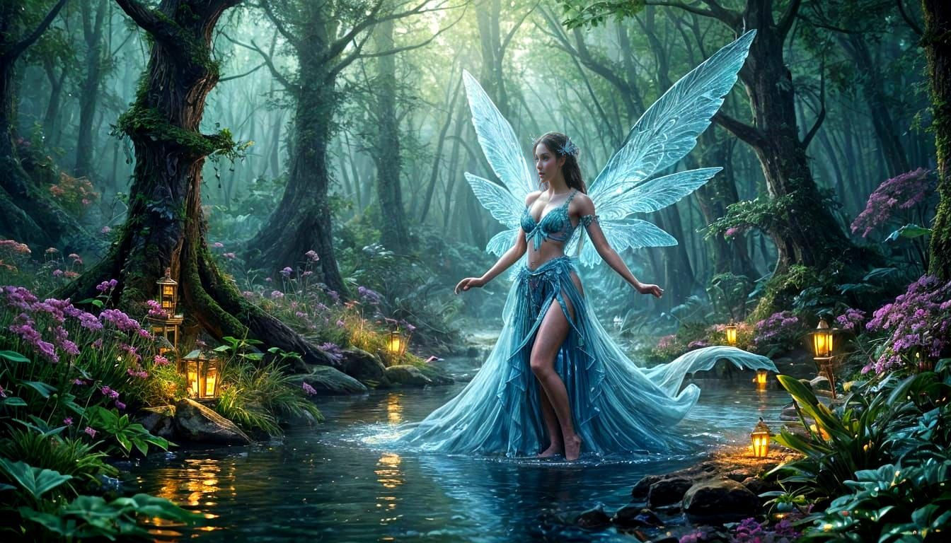 Water Fairy Dancing in Colorful Fantasy Forest