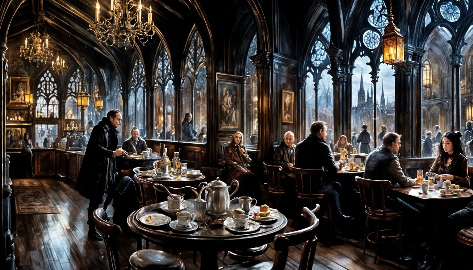 Gothic Cafe Interior Watercolour Painting