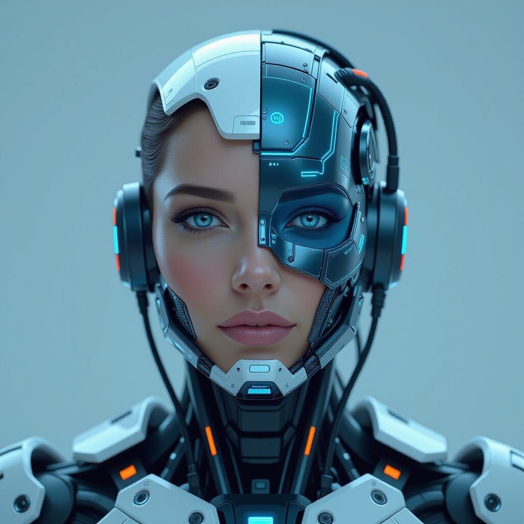 Cyborg with Merged Face in Futuristic Exosuit