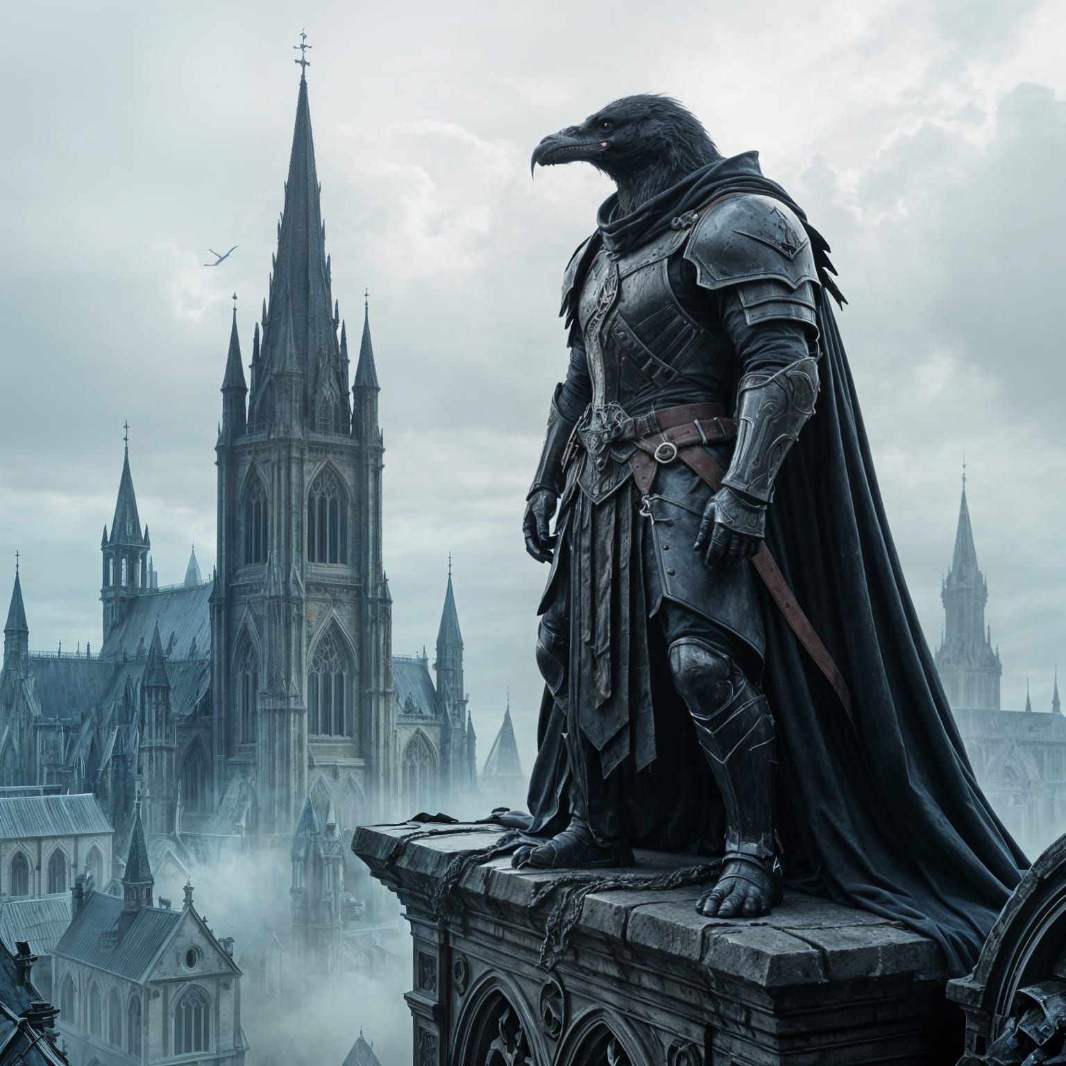 Raven Knight Guards Gothic Cathedral in Dark Fantasy Concept...