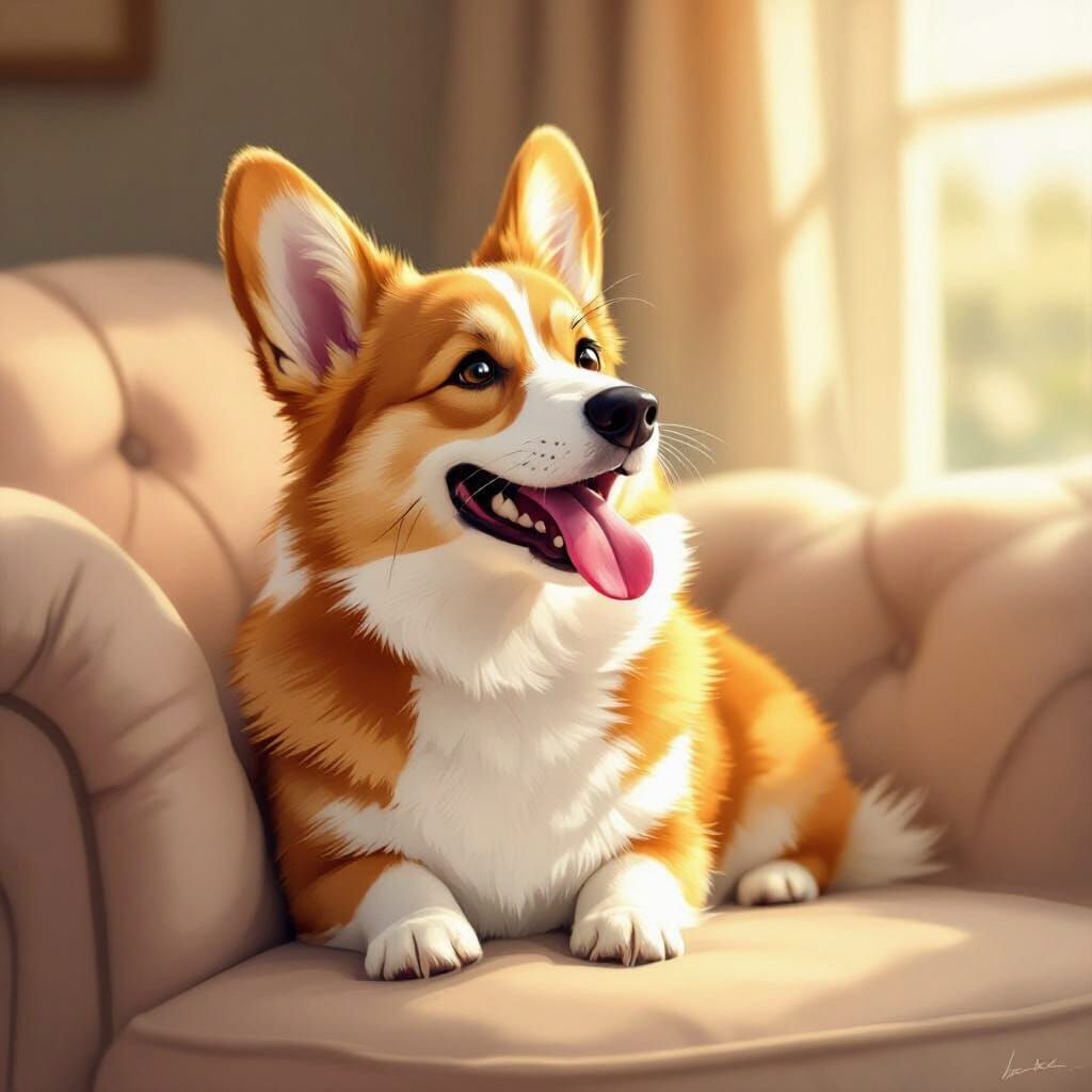 Joyful Corgi on Couch in Painterly Style