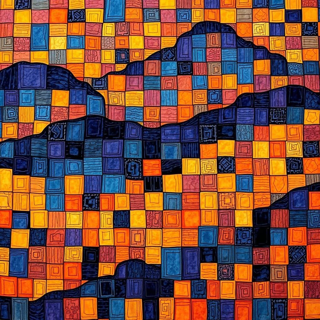 Vibrant Squares Landscape in Escher-Hokusai-Klimt Style