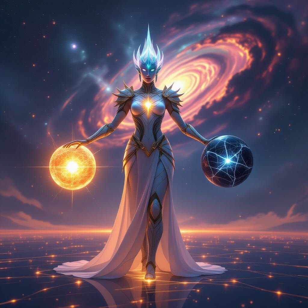 God-like Figure Balancing Cosmic Forces in Digital Art