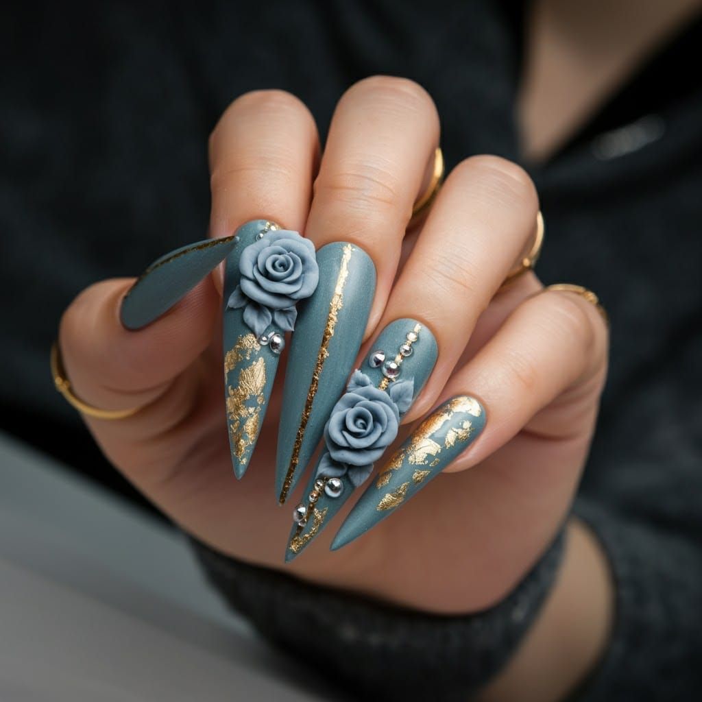 Dusty Blue Stiletto Nails with 3D Rose Accents