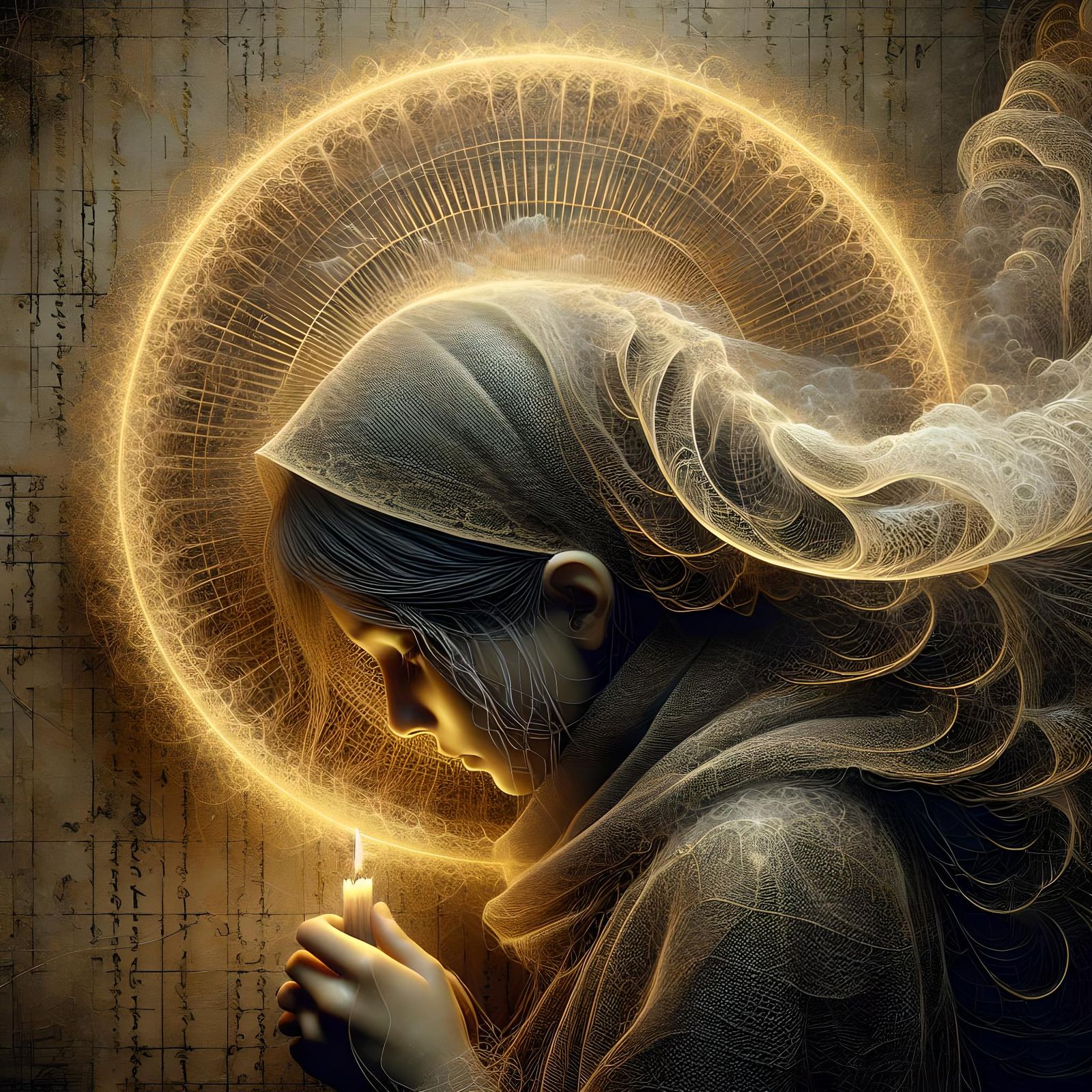 Girl Praying with Golden Halo in Digital Painting