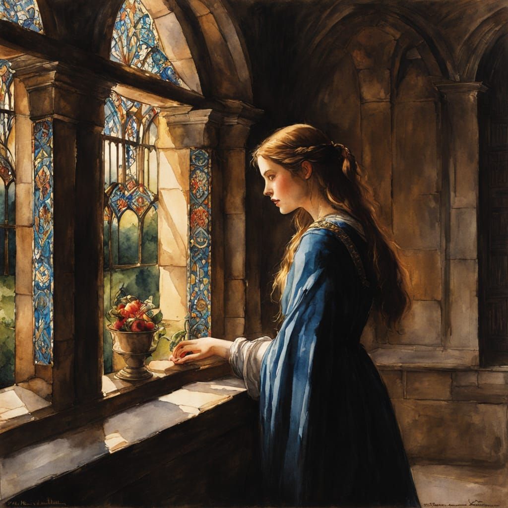 Medieval Maiden Contemplates Beauty Amidst Castle Walls