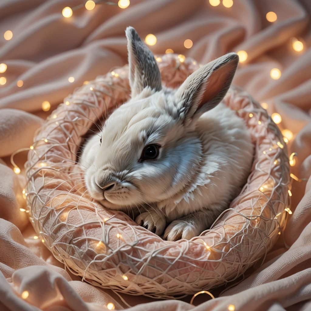 Sleeping Baby Rabbit in Neon Pastel Dreamscape