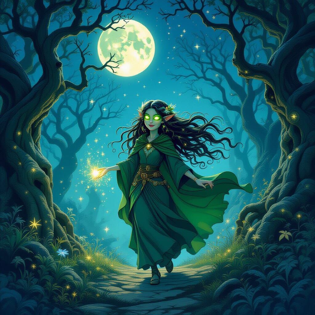 Mischievous Forest Sprite Dances in Moonlit Forest