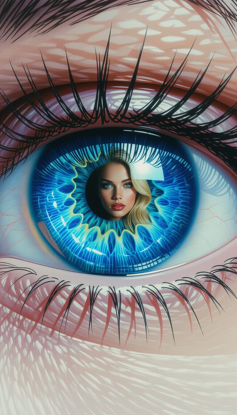 Hyperrealistic Blue Eye Reflecting Woman, Cosmic Lighting
