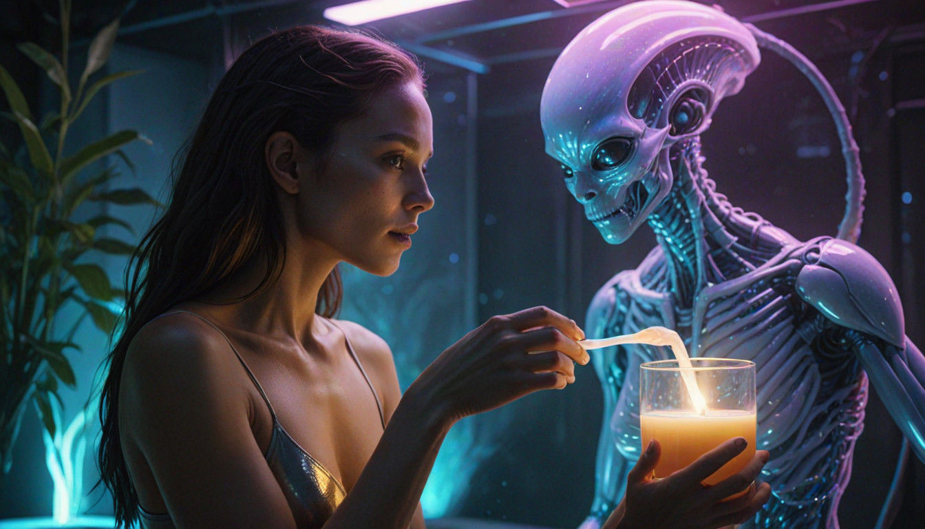 Alien Woman Offers Soothing Milk in Futuristic Healing Chamb...