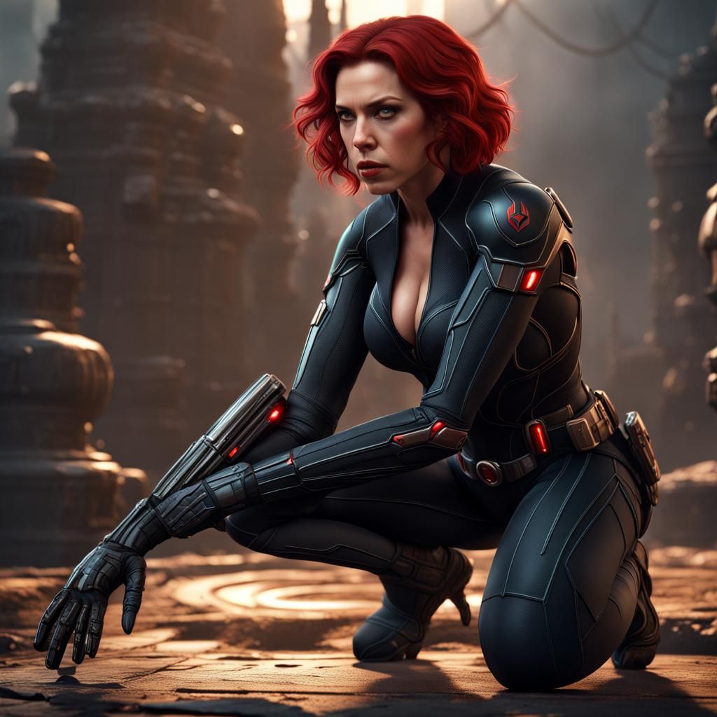 Black Widow Kneeling: Detailed Fantasy Art
