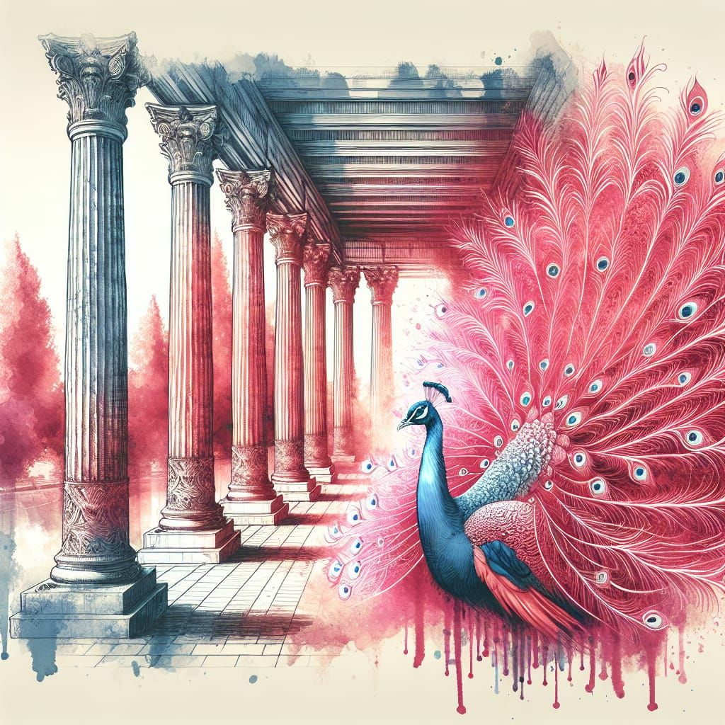Vibrant Crimson Peacock in Classical Watercolor Style
