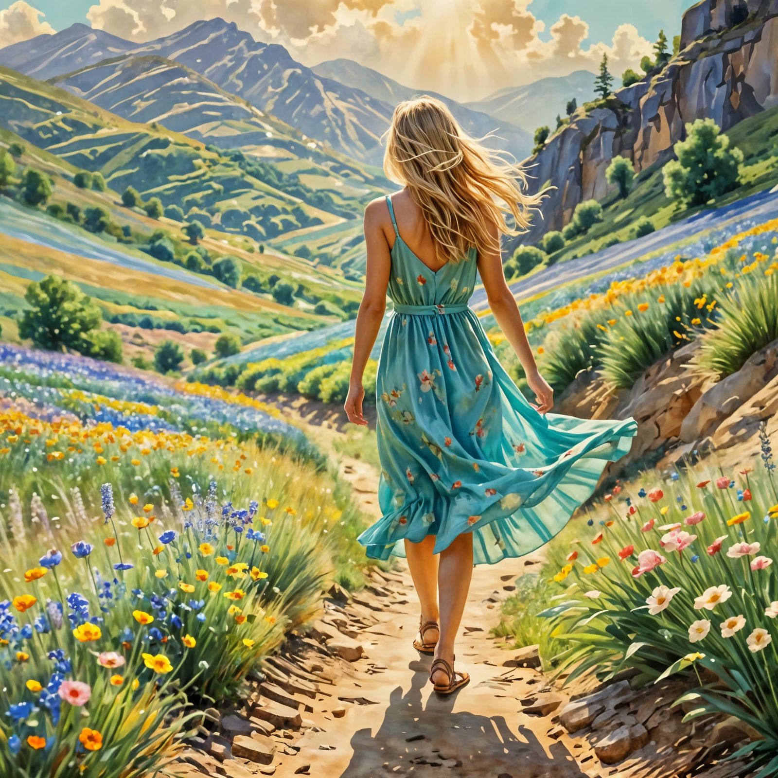 Teen in Turquoise Dress: Dreamy Watercolor Painting