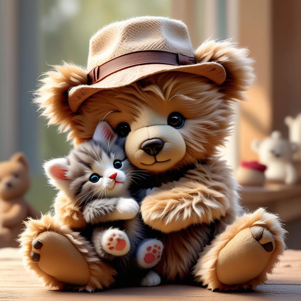 Teddy Bear Cradling Kitten: Heartwarming Digital Art