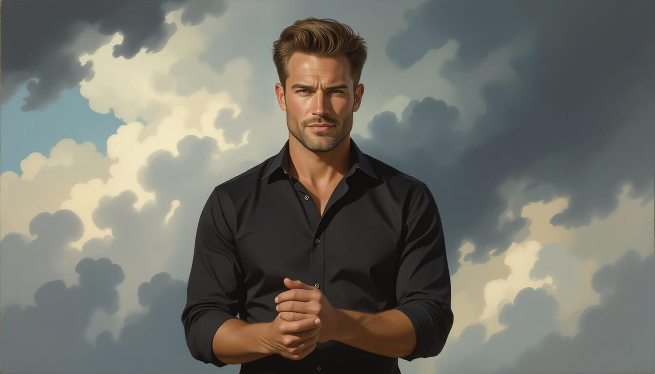 Man with Arrogant Smirk Under Storm Clouds