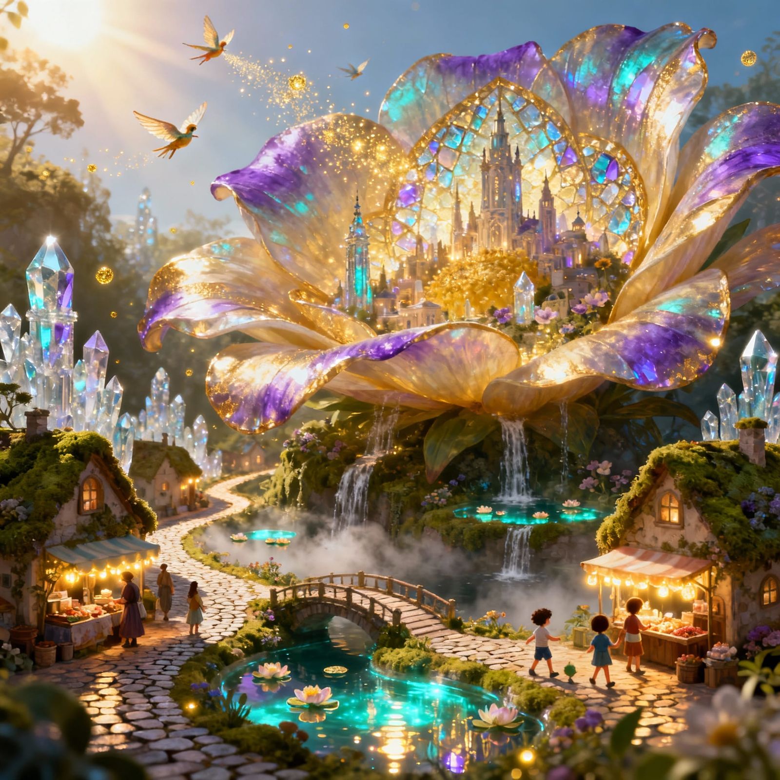 A massive, otherworldly flower in full bloom, its radiant pe...