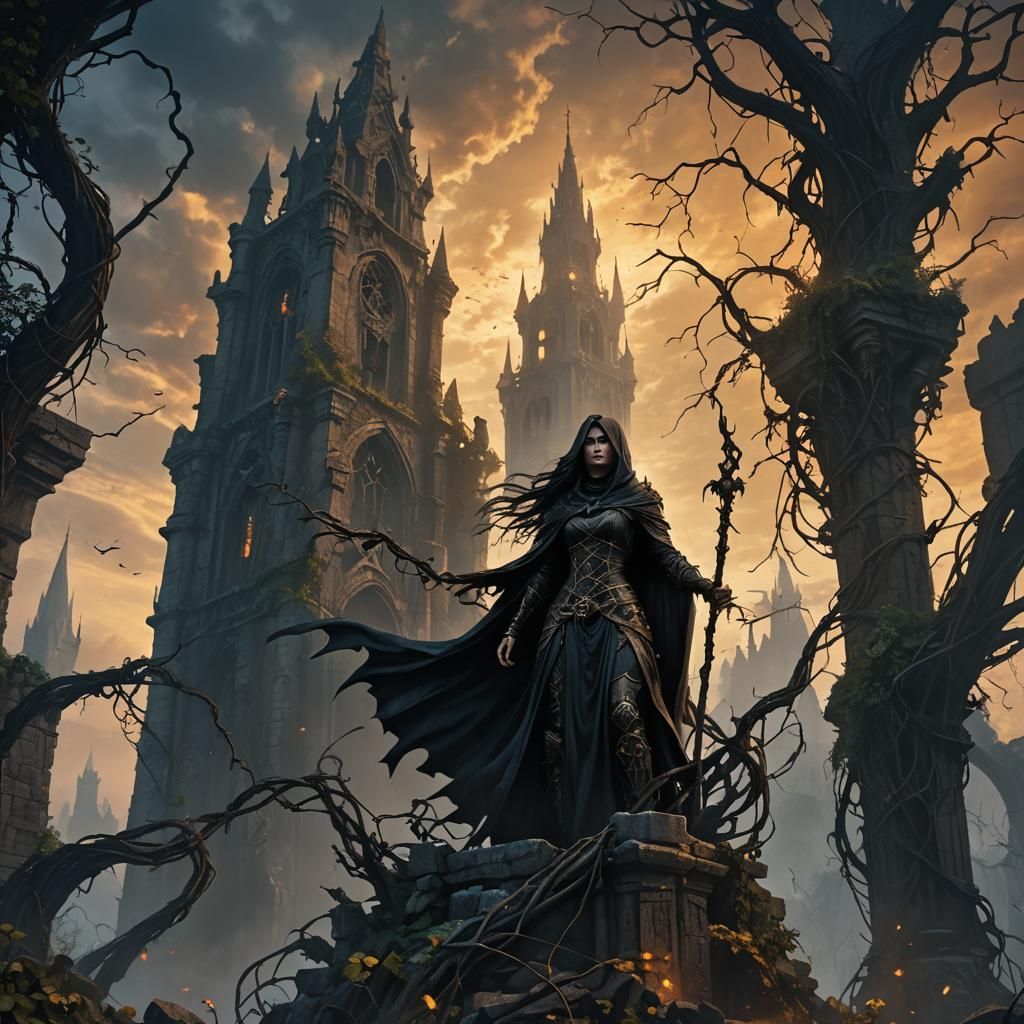 Dark Sorceress on Gothic Spire in Fantasy Art