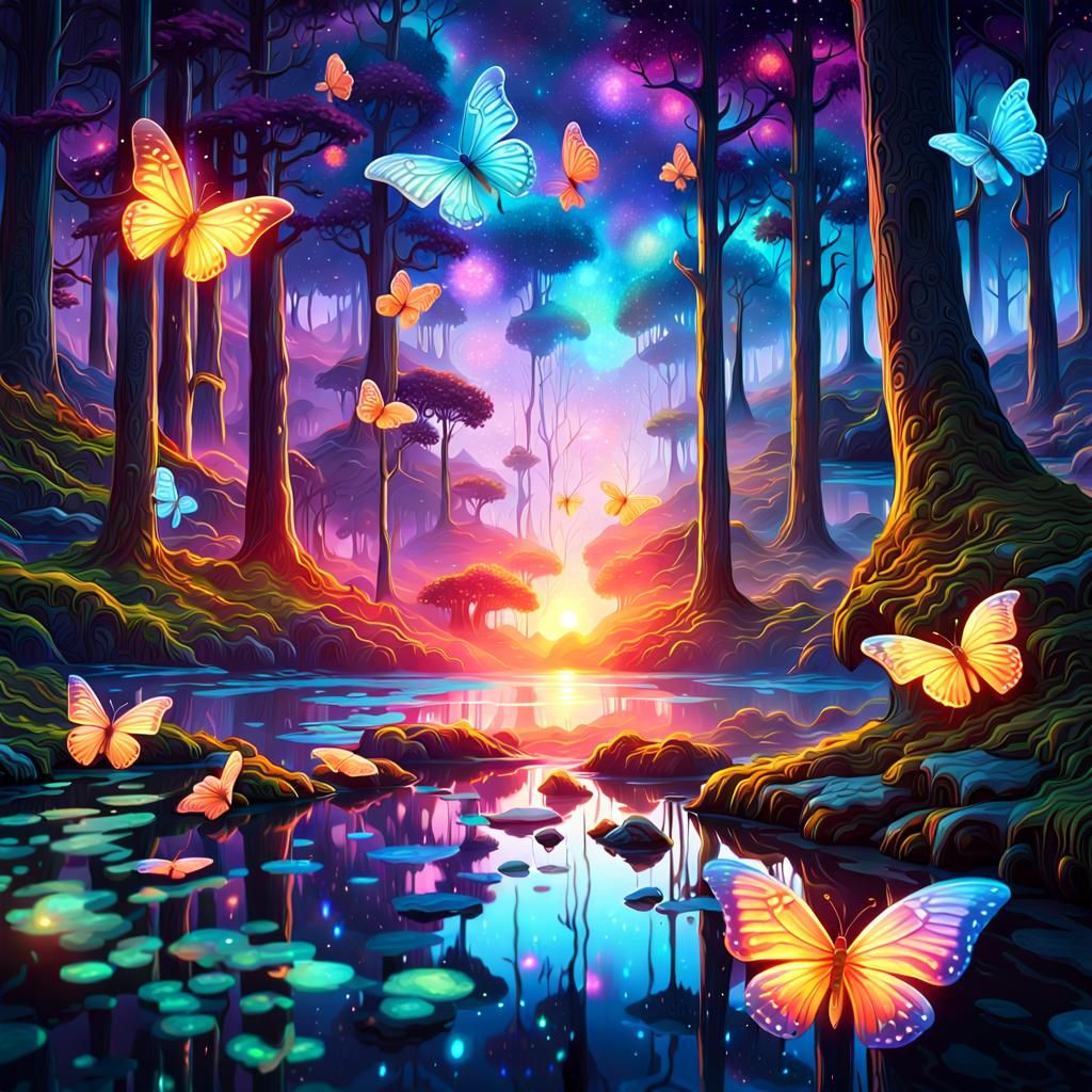 Glowing Forest with Glass Butterflies, Digital Painting