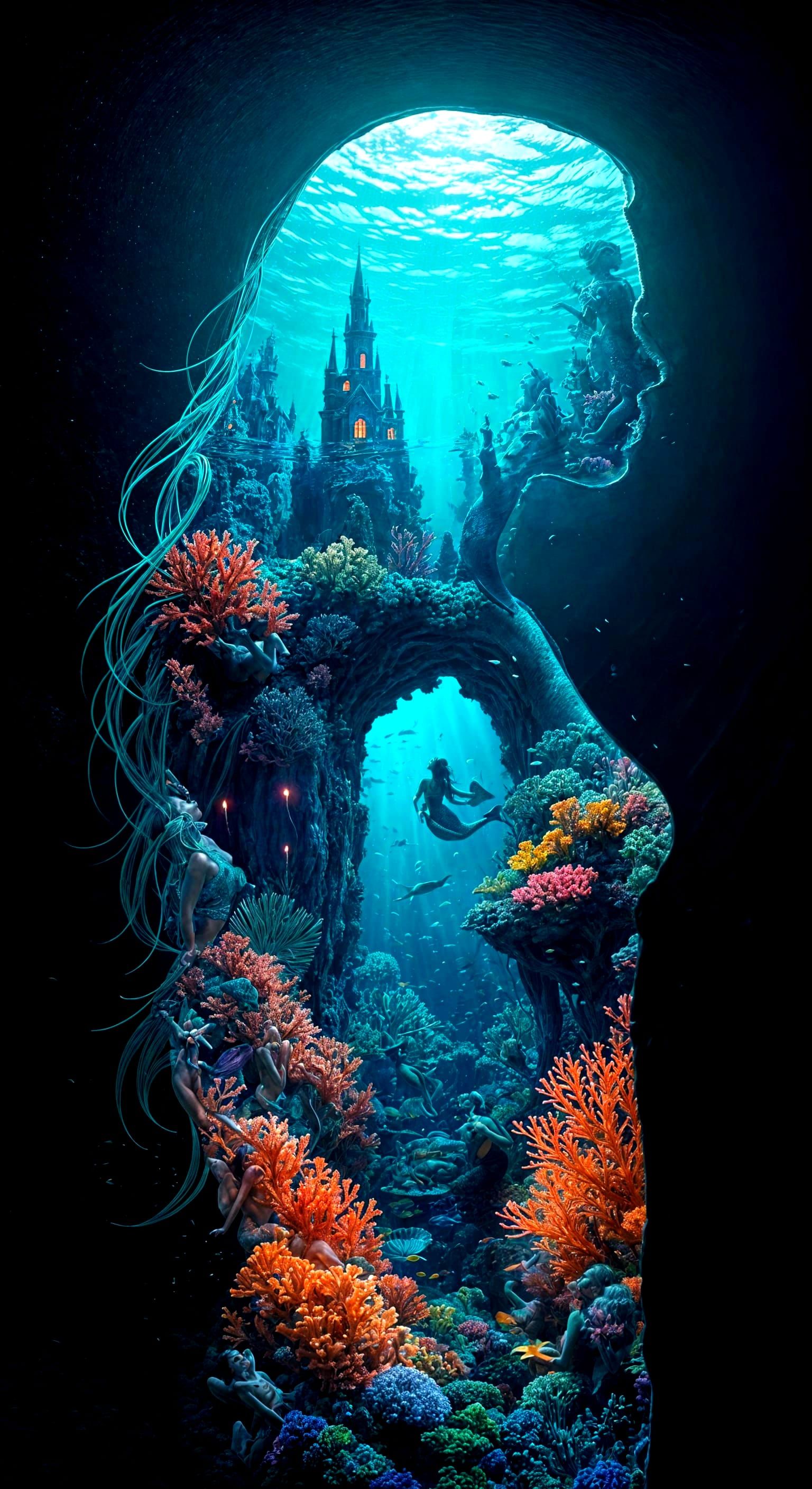 Surreal Mermaid Silhouette in Neon Underwater Scene