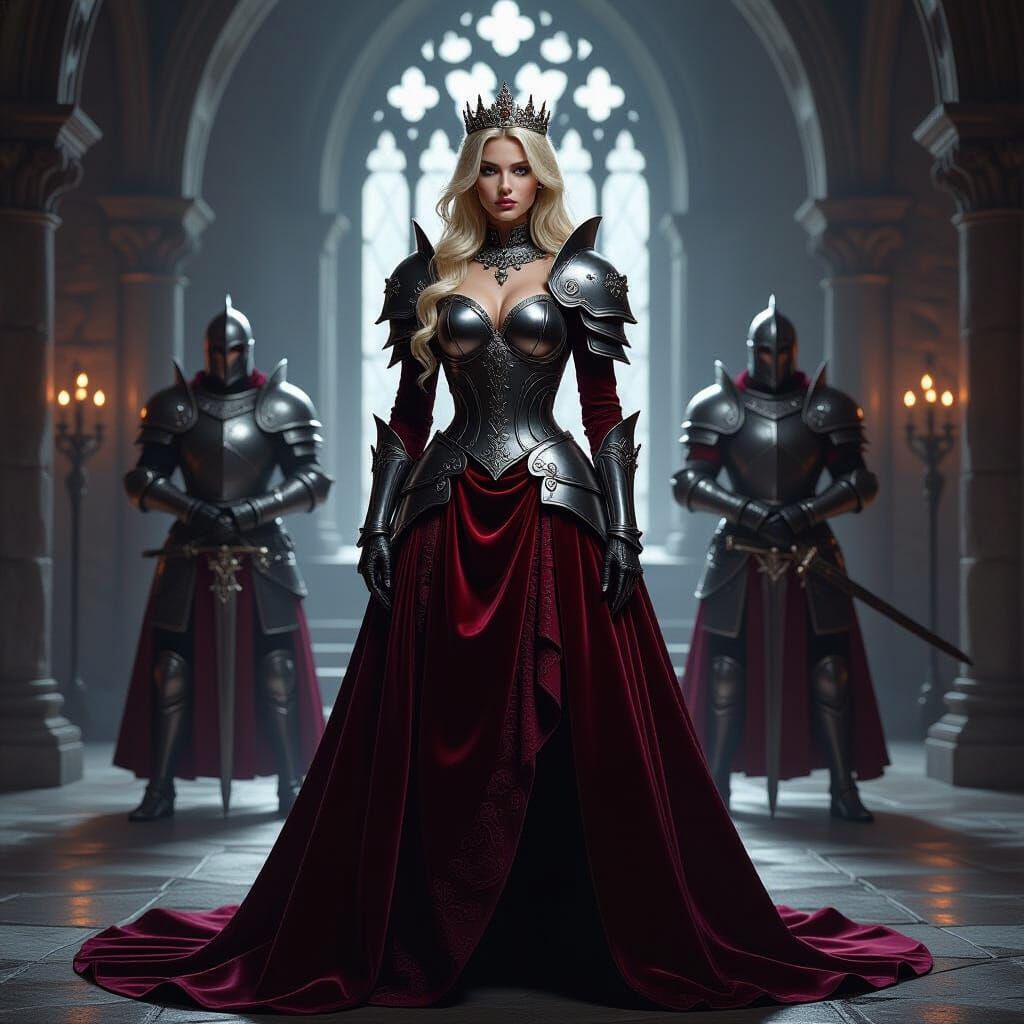 Young Queen in Gothic Castle with Guards, Dark Fantasy Art