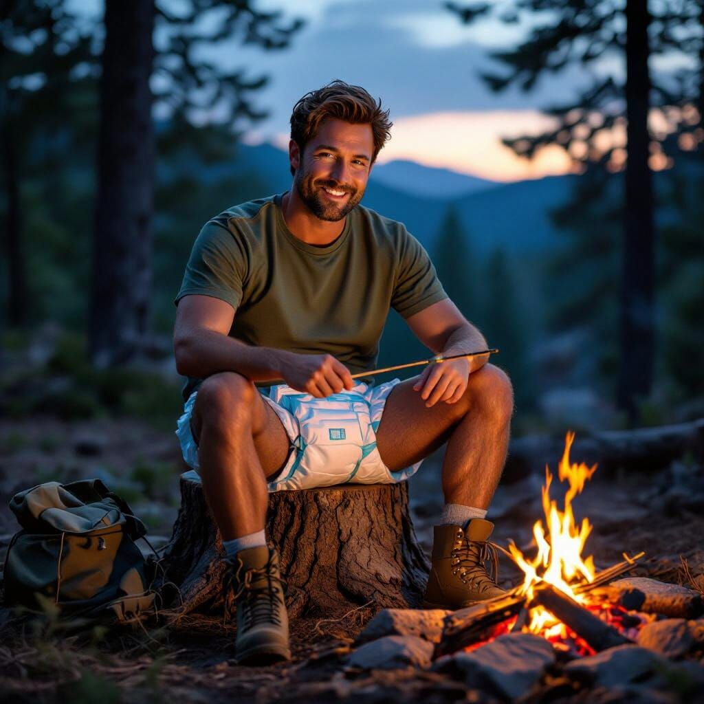 Man in Diaper Camping at Dusk: Photorealistic Style