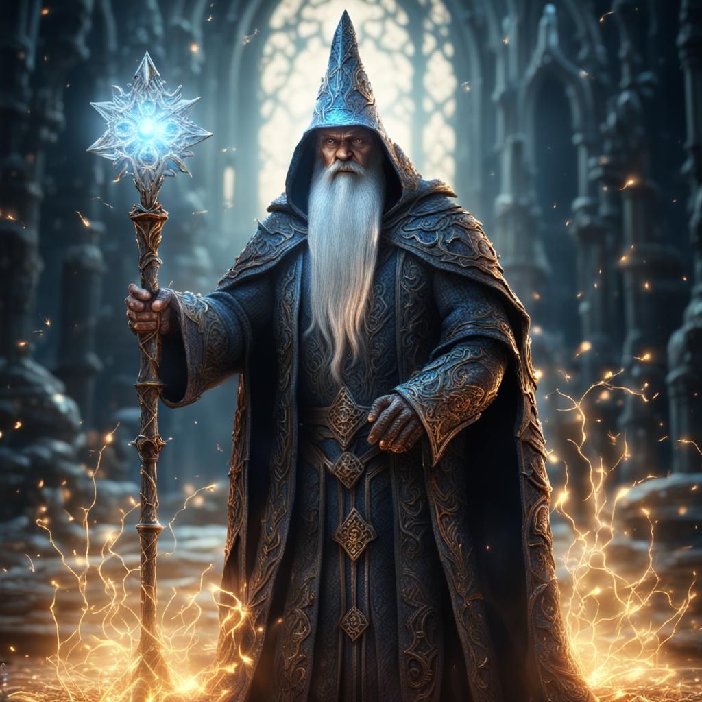 Powerful Wizard with Crystal Staff in 8K