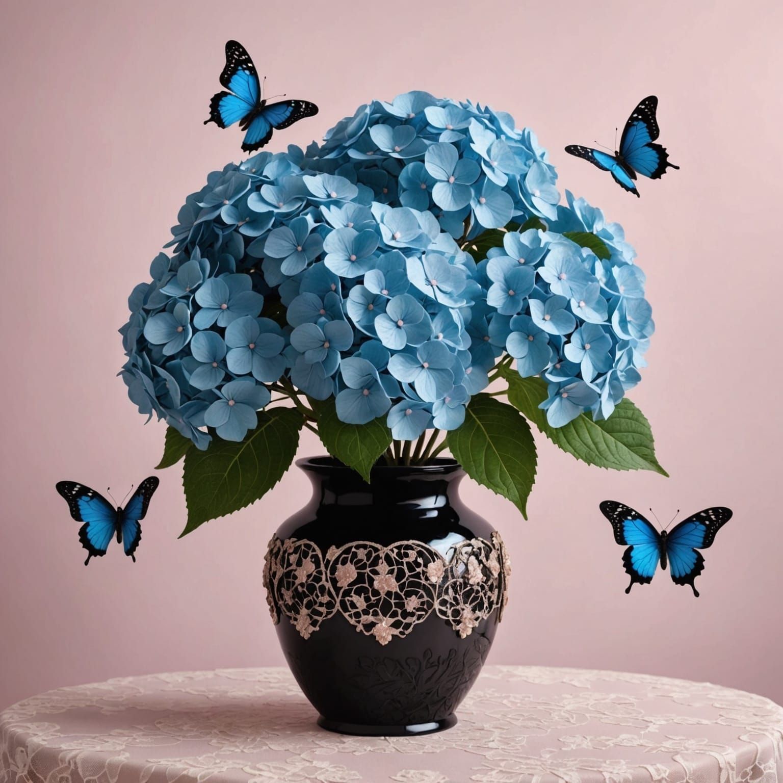 Abstract 3D Blue Hydrangeas with Butterflies