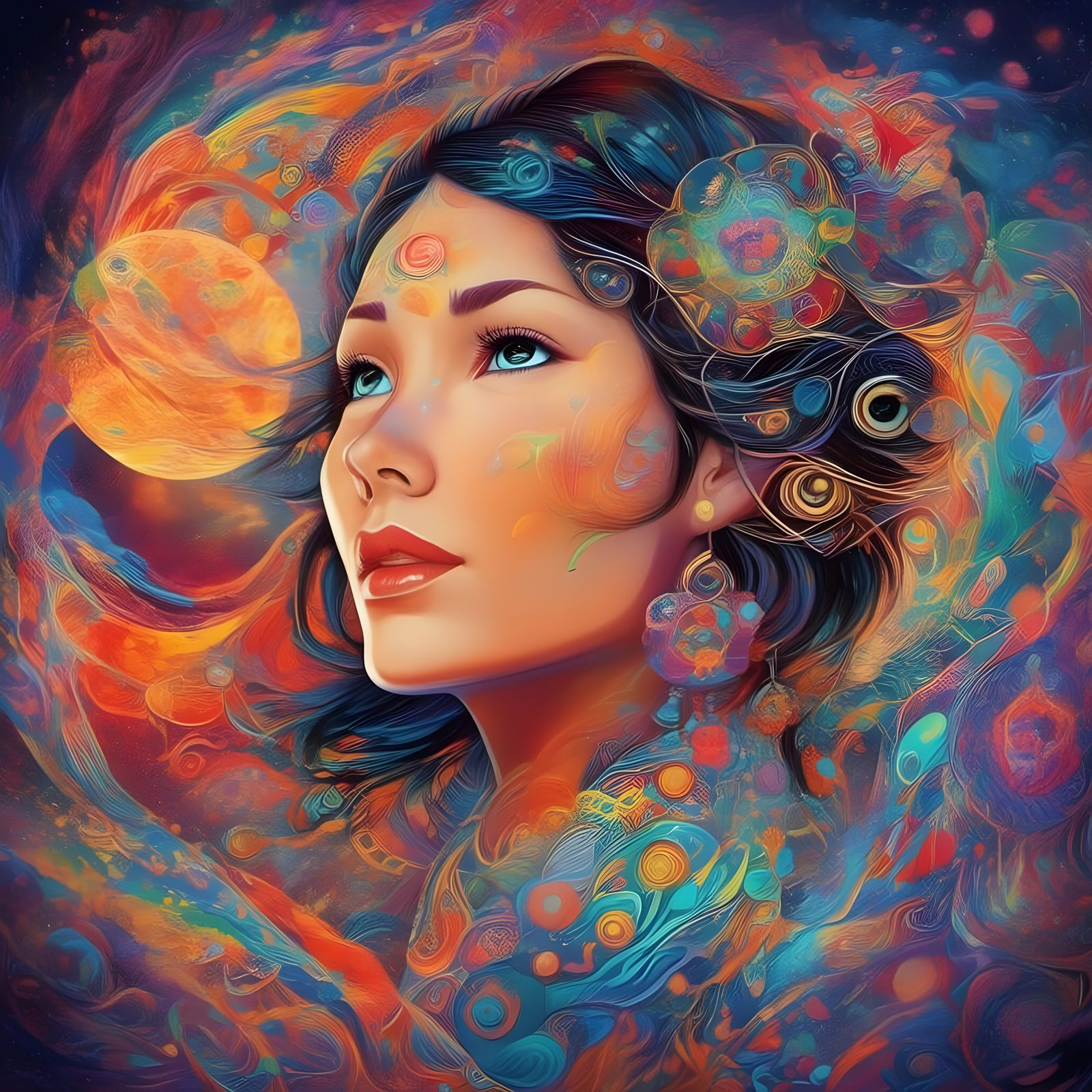 Native Woman Gazes at Nebula in Storybook Style