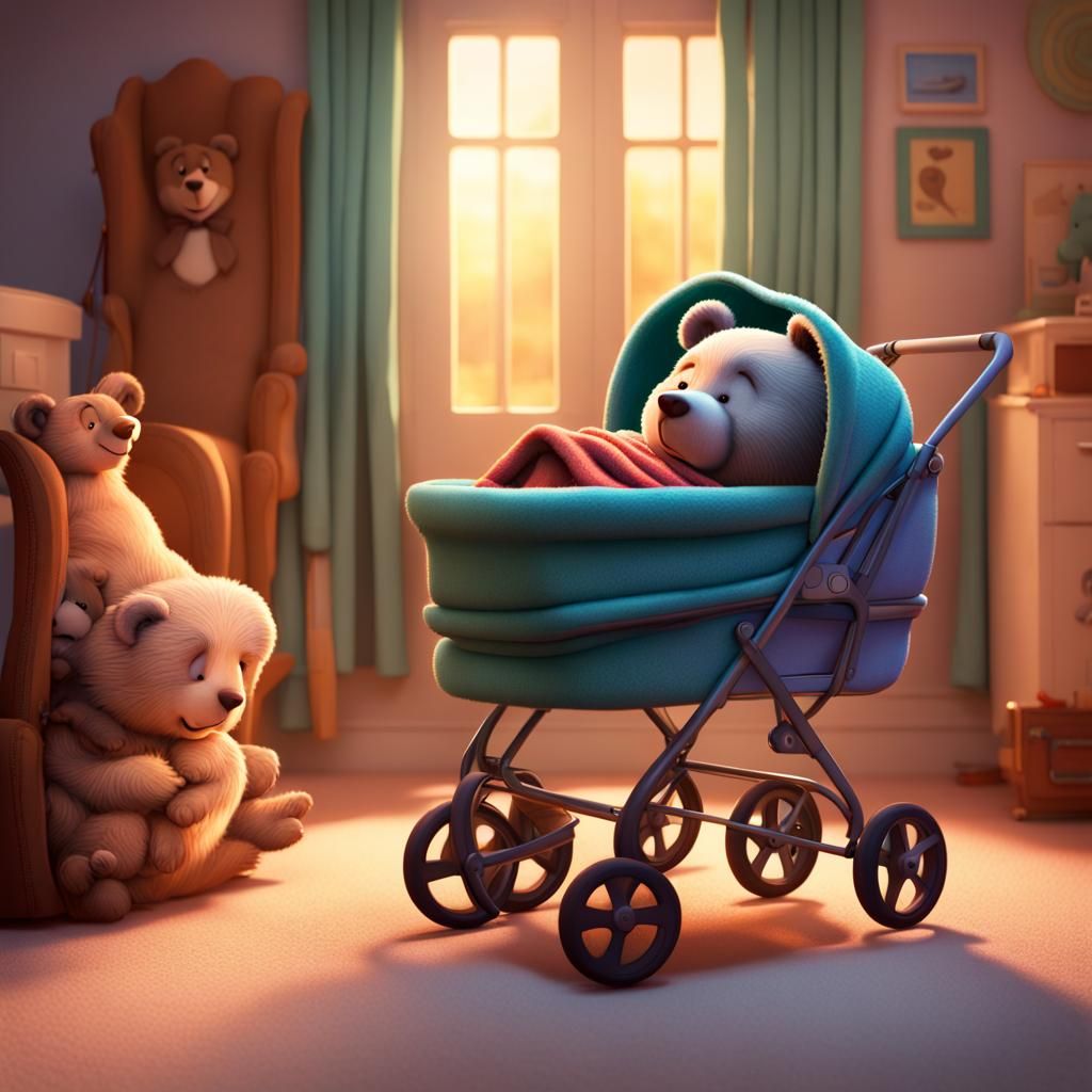Baby Bear Sleeping in Stroller: 3D Digital Art