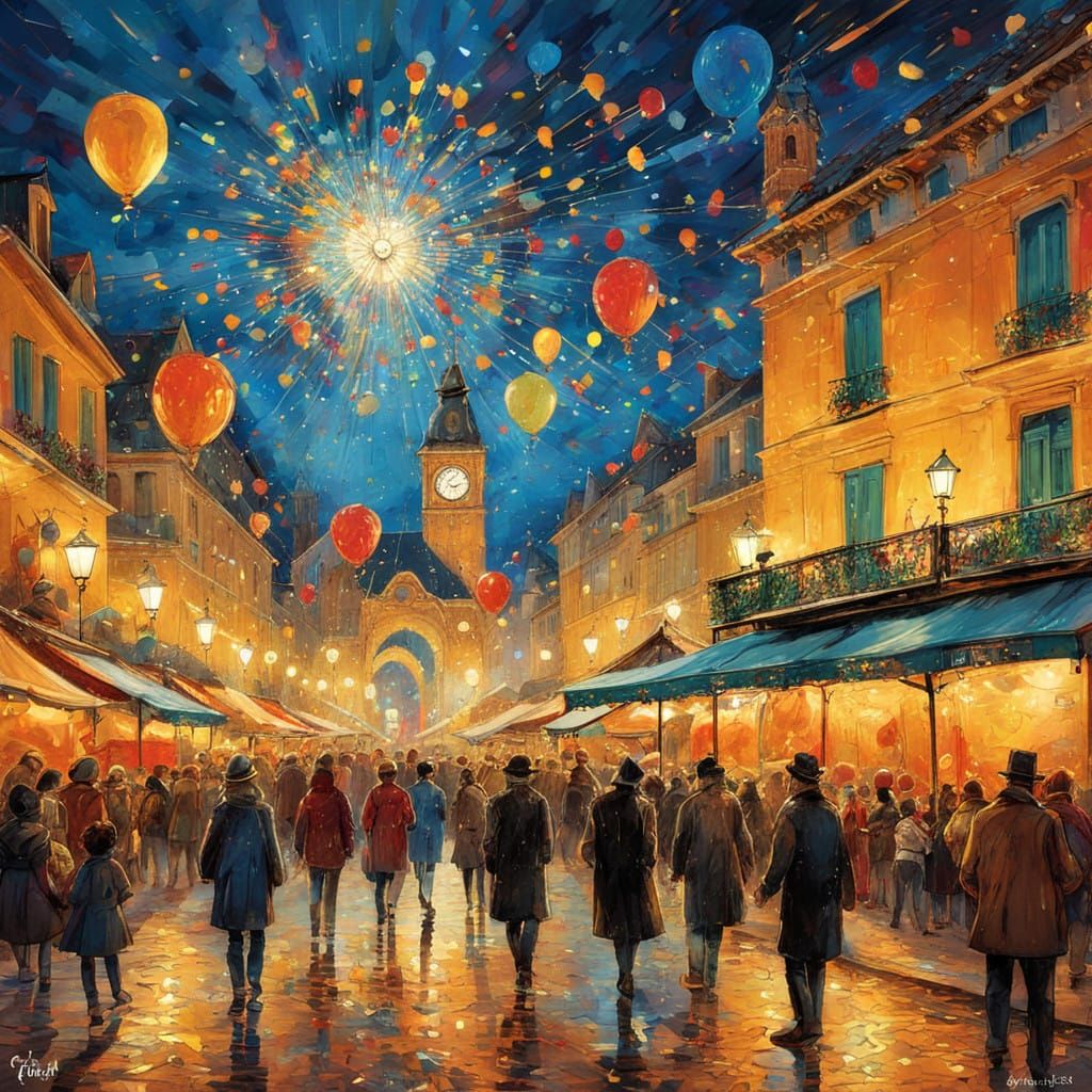 Impressionist New Year's Eve Celebration in a Bustling Town....