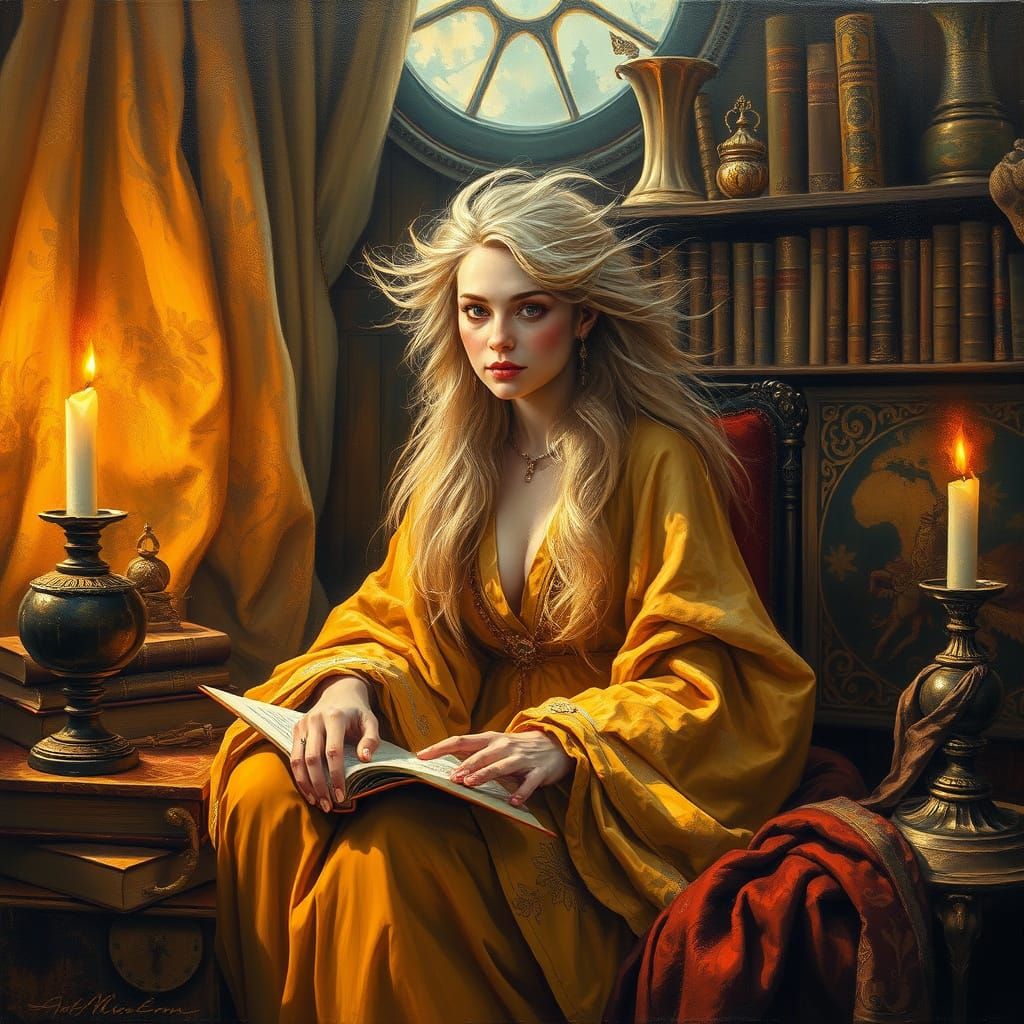 Radiant Witch in Golden Study, Inspired by Klimt and Mucha