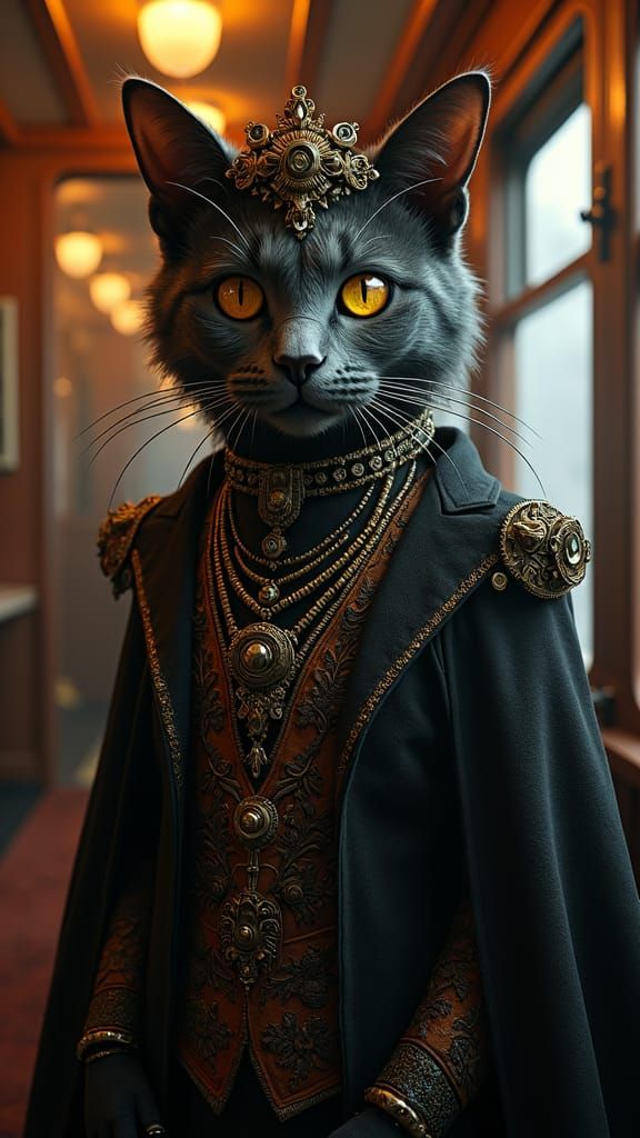 Victorian Cat in Steampunk Train Interior