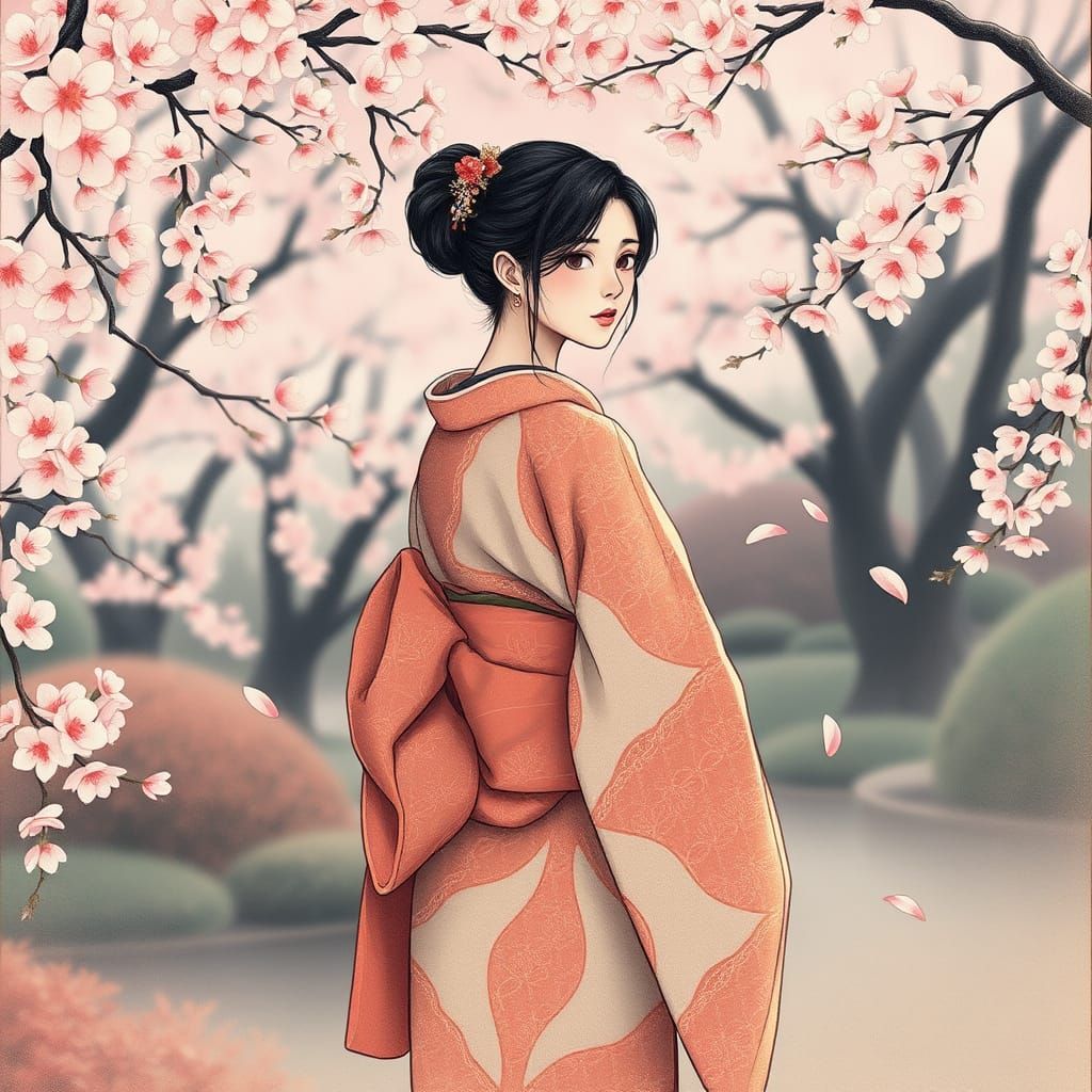 Serene Japanese Woman in Traditional Kimono Amid Cherry Blos...