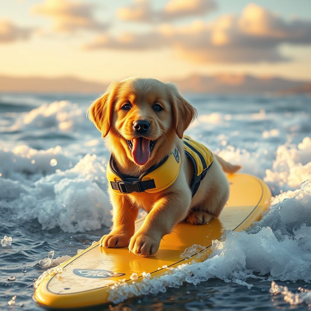 Golden Retriever Puppy Surfing: Hyperrealistic Digital Art