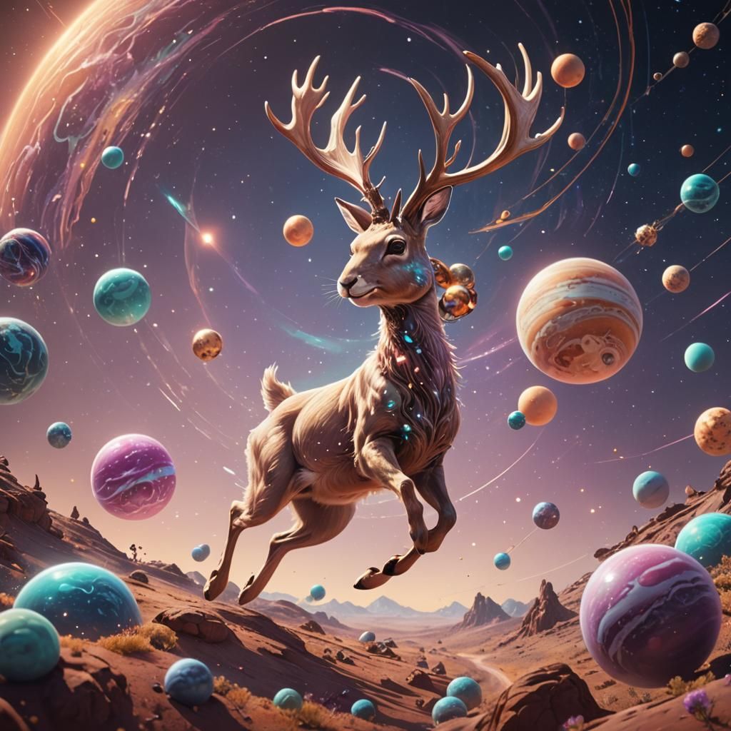 Jackalope's Interplanetary Leap: Whimsical Space Concept Art