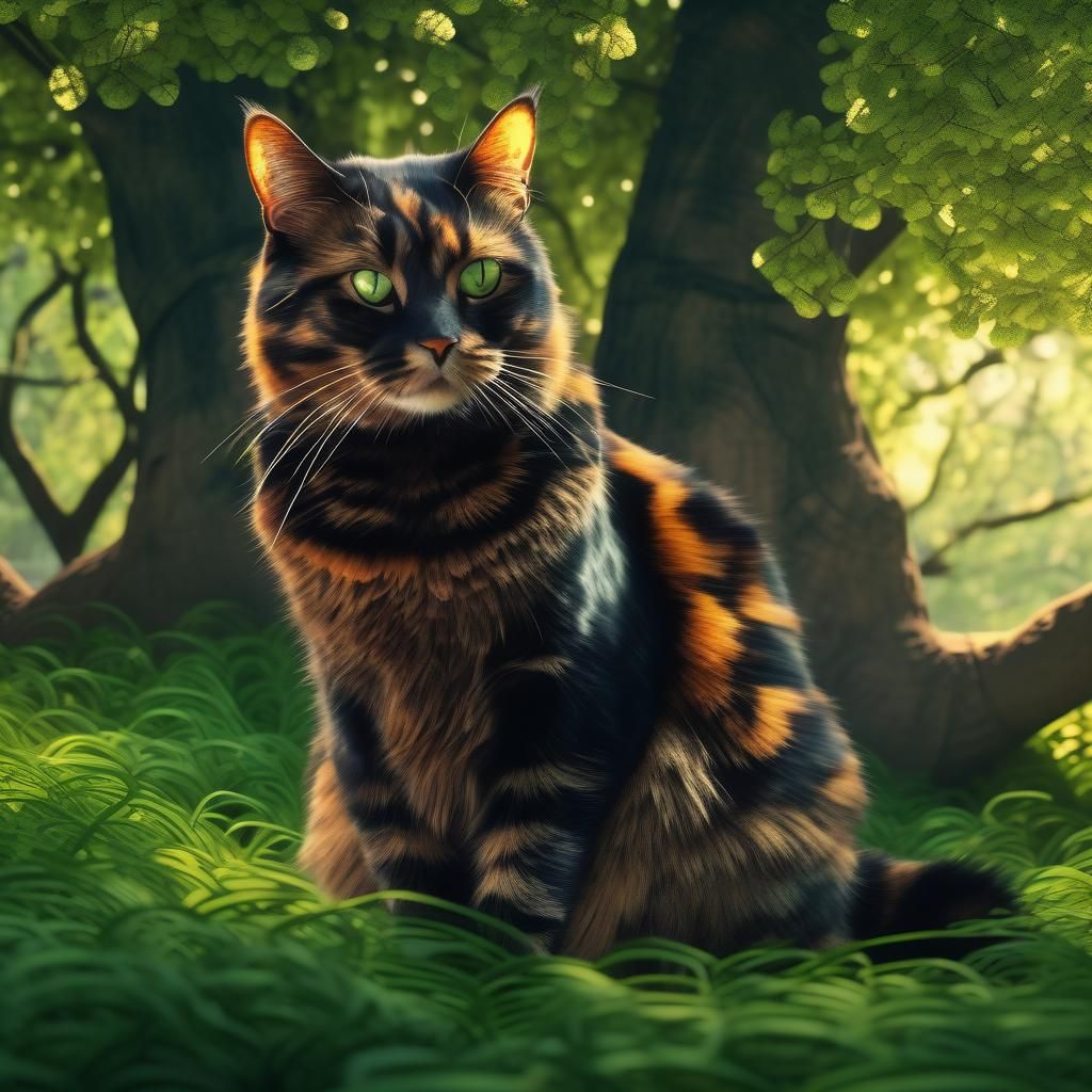 Tortoiseshell Cat Under Green Trees: Digital Matte Painting