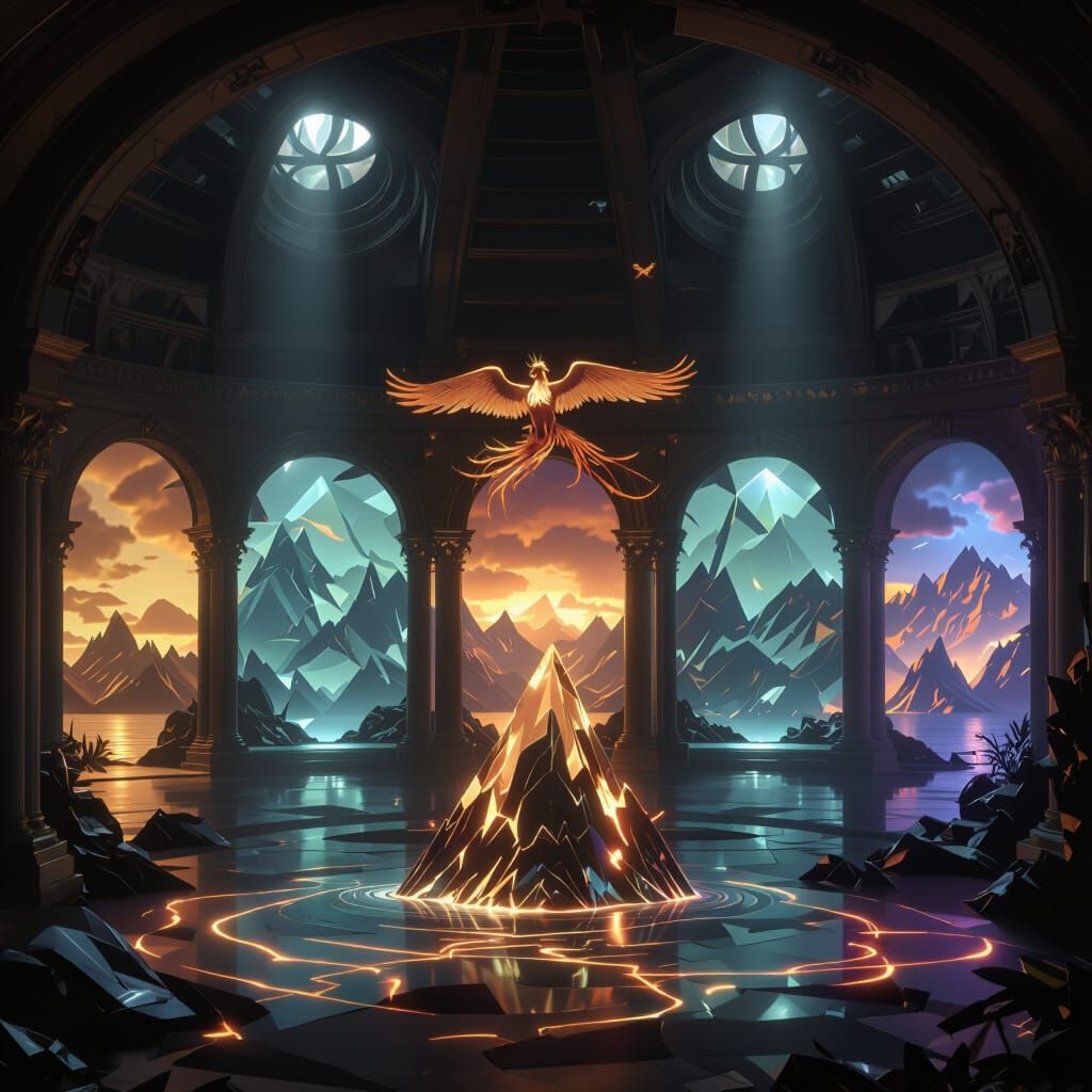 Majestic Phoenix on Crystal Mountain Under Twin Suns