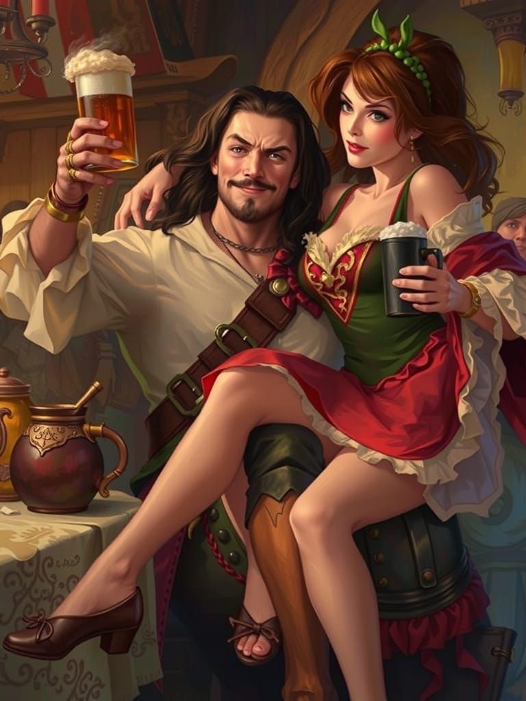 Man and Tavern Wench Share a Toast in a Cozy Fantasy Tavern