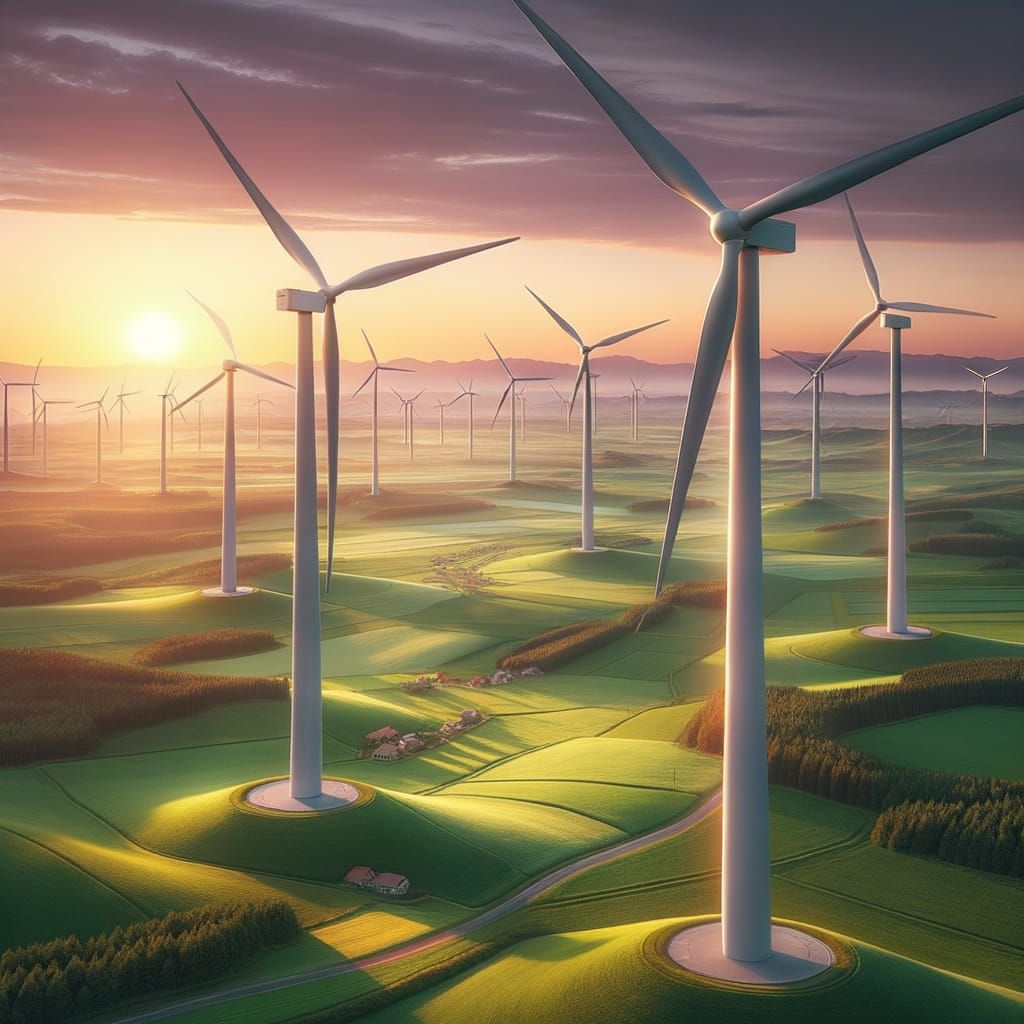 Giant Wind Turbines in Serene Countryside at Sunset