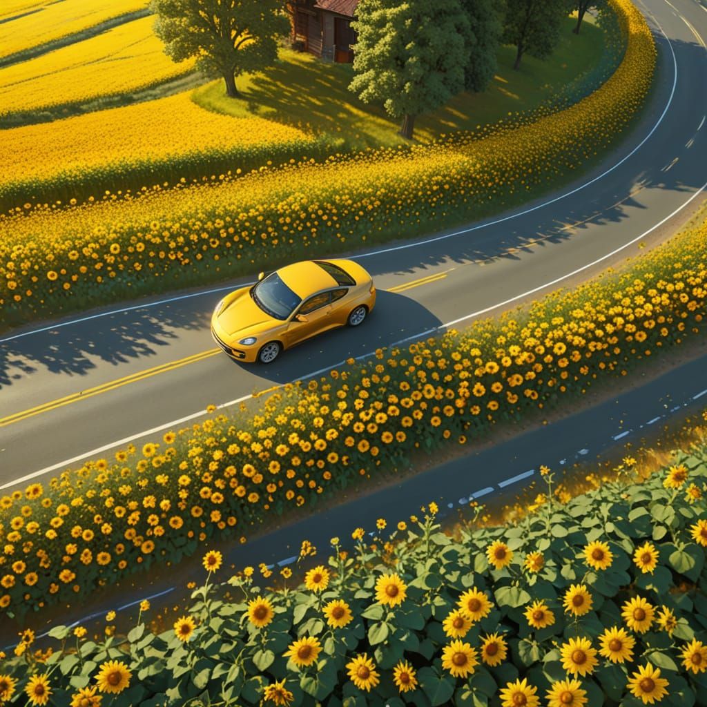 Aerial View of Car on Road Through Sunflowers