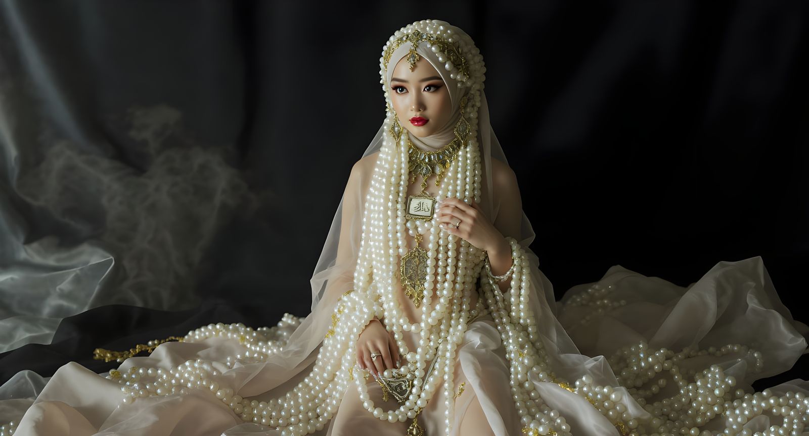 Asian Woman in Hijab with Pearl Adornments