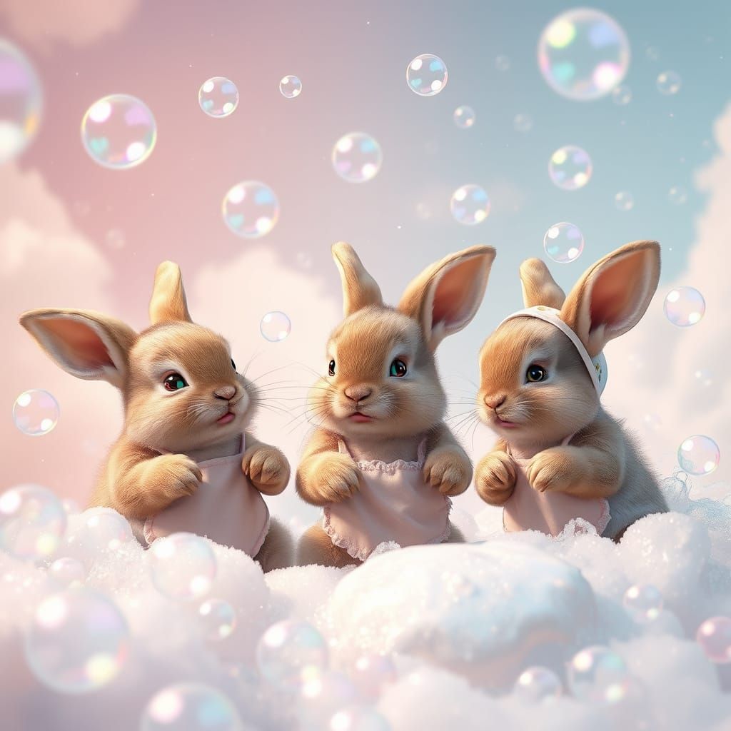 Bunnies Play in Iridescent Soap Bubbles, Fantasy Art
