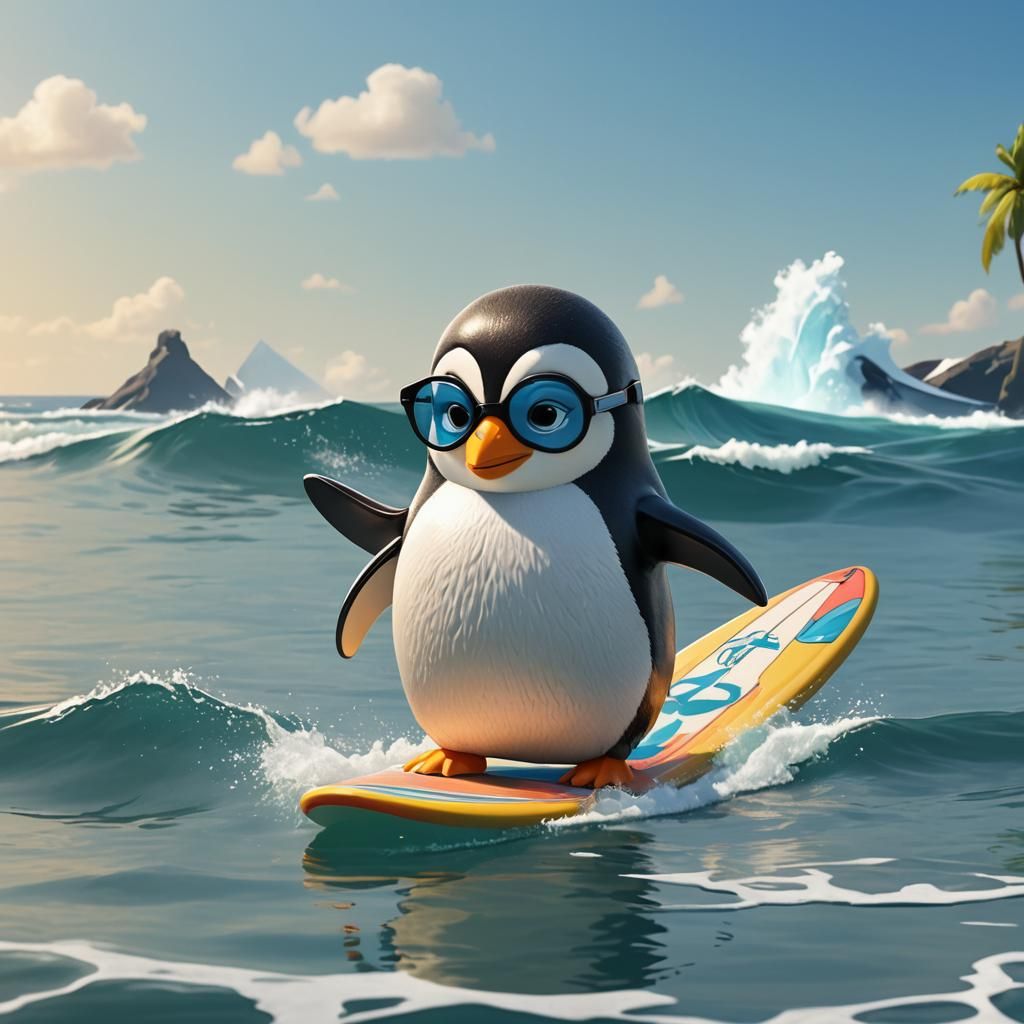 Cartoon Penguin Surfer Dude in the Sea