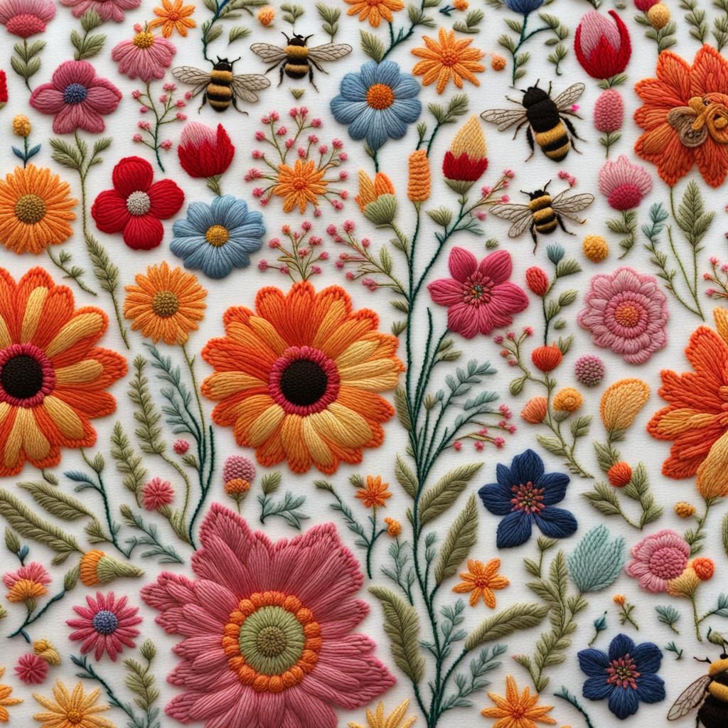 Vibrant Embroidered Flowers, Bees, and Expletives