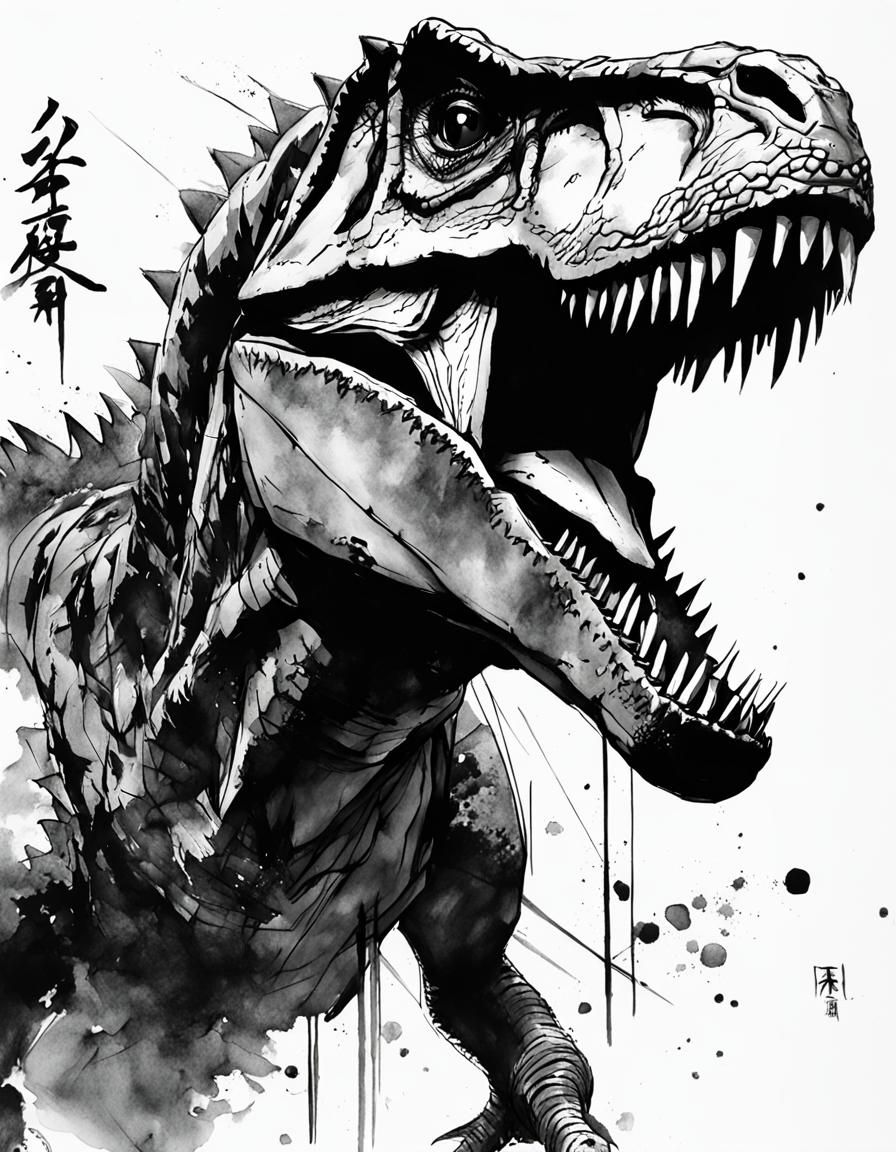 Detailed T-Rex Drawing in Sumi-e Style