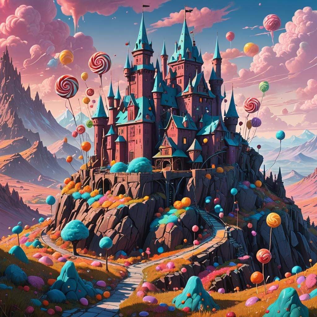 Candy Castle in Dreamlike Dessert Landscape